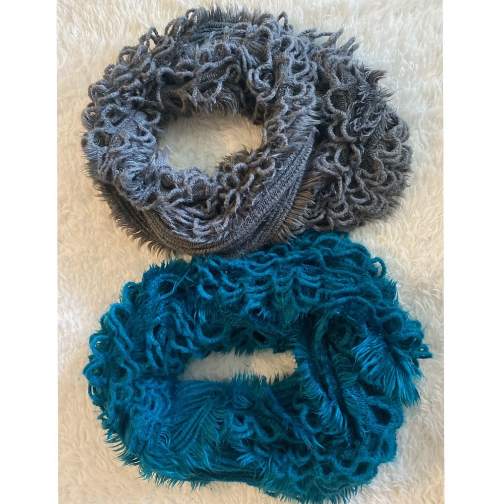 Blue and Grey Fuzzy Textured Infinity Scarfs